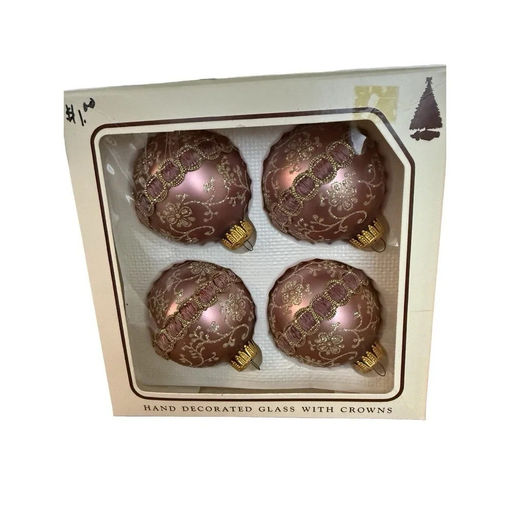 Glass Ball Christmas By Krebs Ornaments Ribbon & Glitter‎ Pink rose Vintage Q